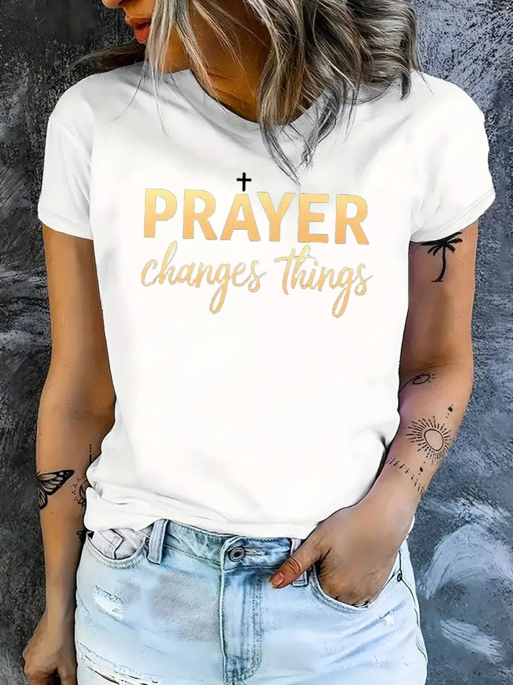 Prayer Changes Things Women's Graphic T‑Shirt, Christian Faith Cross Short‑Sleeve Crew Neck Casual Religious Tee Tops