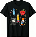 Teacher Graphic T‑Shirt, Cute Cartoon School Supplies Crayon Pencil Apple Glue Stick Short‑Sleeve Tee Women Tshirts