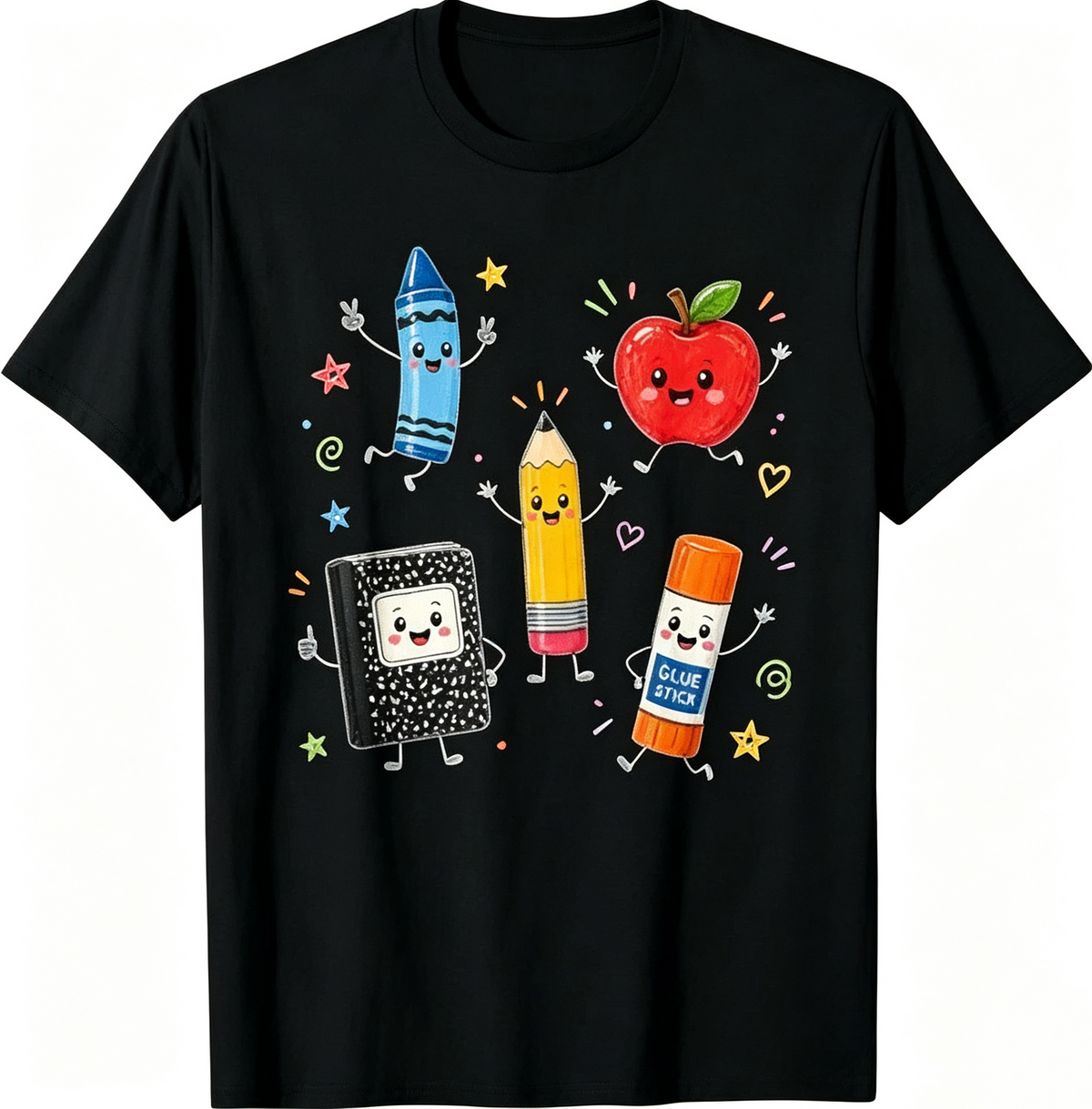 Teacher Graphic T‑Shirt, Cute Cartoon School Supplies Crayon Pencil Apple Glue Stick Short‑Sleeve Tee Women Tshirts