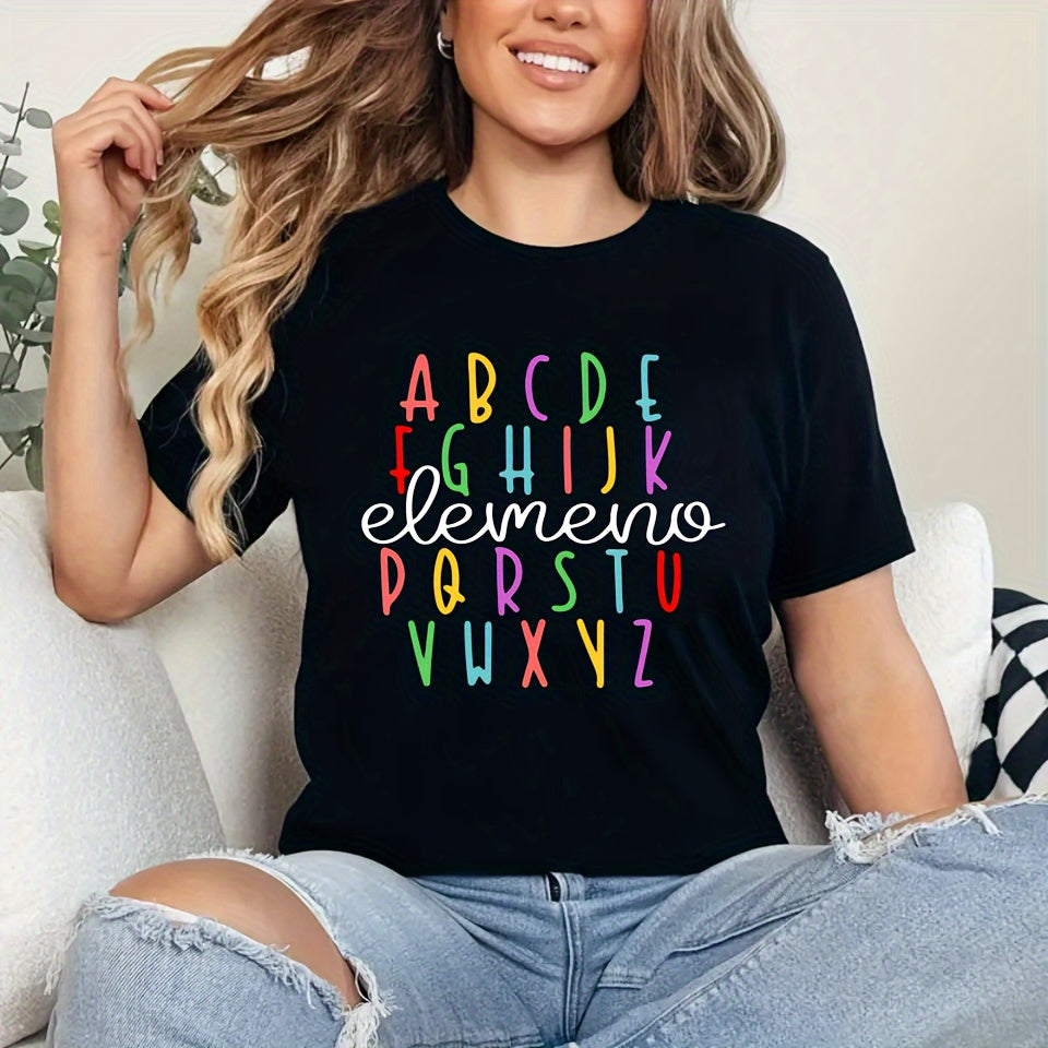 ABC Elemeno Alphabet Teacher Graphic T?Shirt for Women, Cotton Crew Neck Short Sleeve, Preschool Kindergarten Teacher Casual Tee Top
