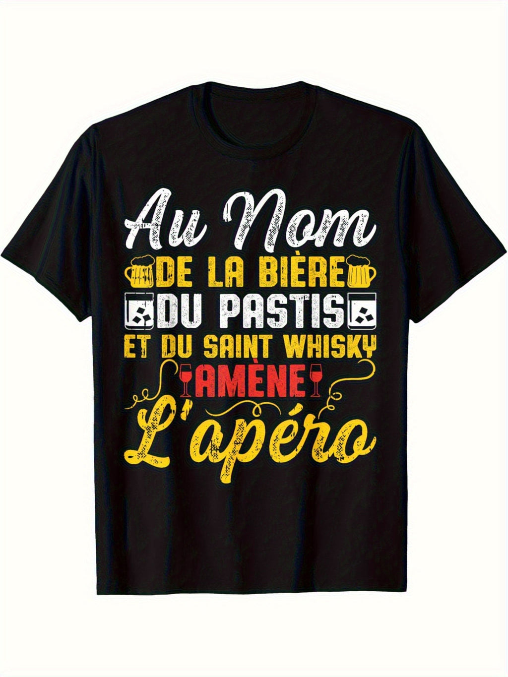 Men’s Funny French Drinking Slogan Graphic T‑Shirt, Vintage Distressed Beer & Wine Glass Print, Classic Crew Neck Casual Tee