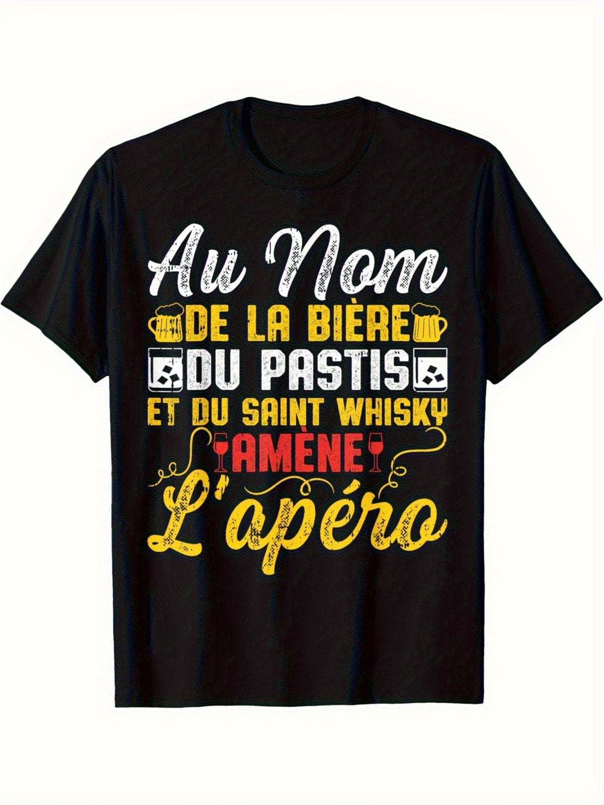Men’s Funny French Drinking Slogan Graphic T‑Shirt, Vintage Distressed Beer & Wine Glass Print, Classic Crew Neck Casual Tee