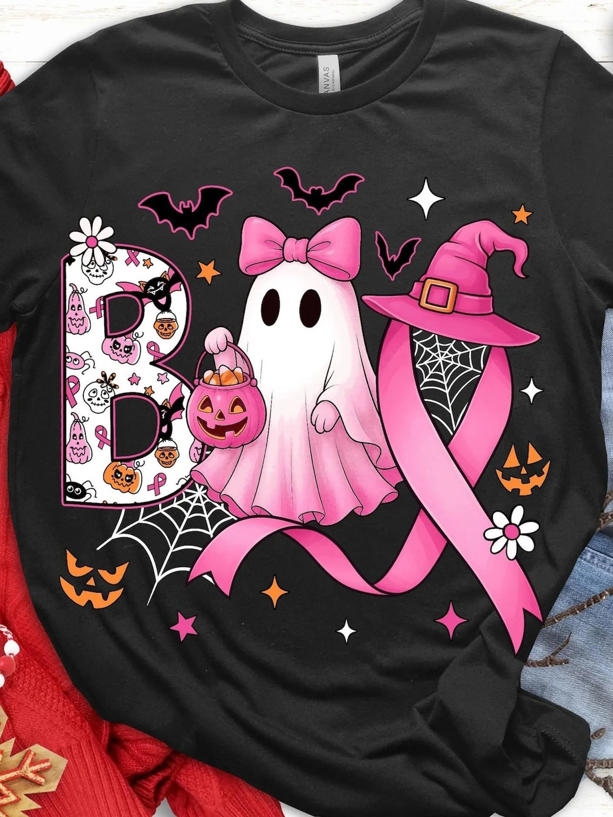 Halloween Pink Ribbon Breast Cancer Awareness Ghost Witch Hat Pumpkin Bat Graphic Tee for Men Women, Cute Spooky Pink Ribbon Short Sleeve T-Shirt, Casual Crew Neck Top for Survivor Gift