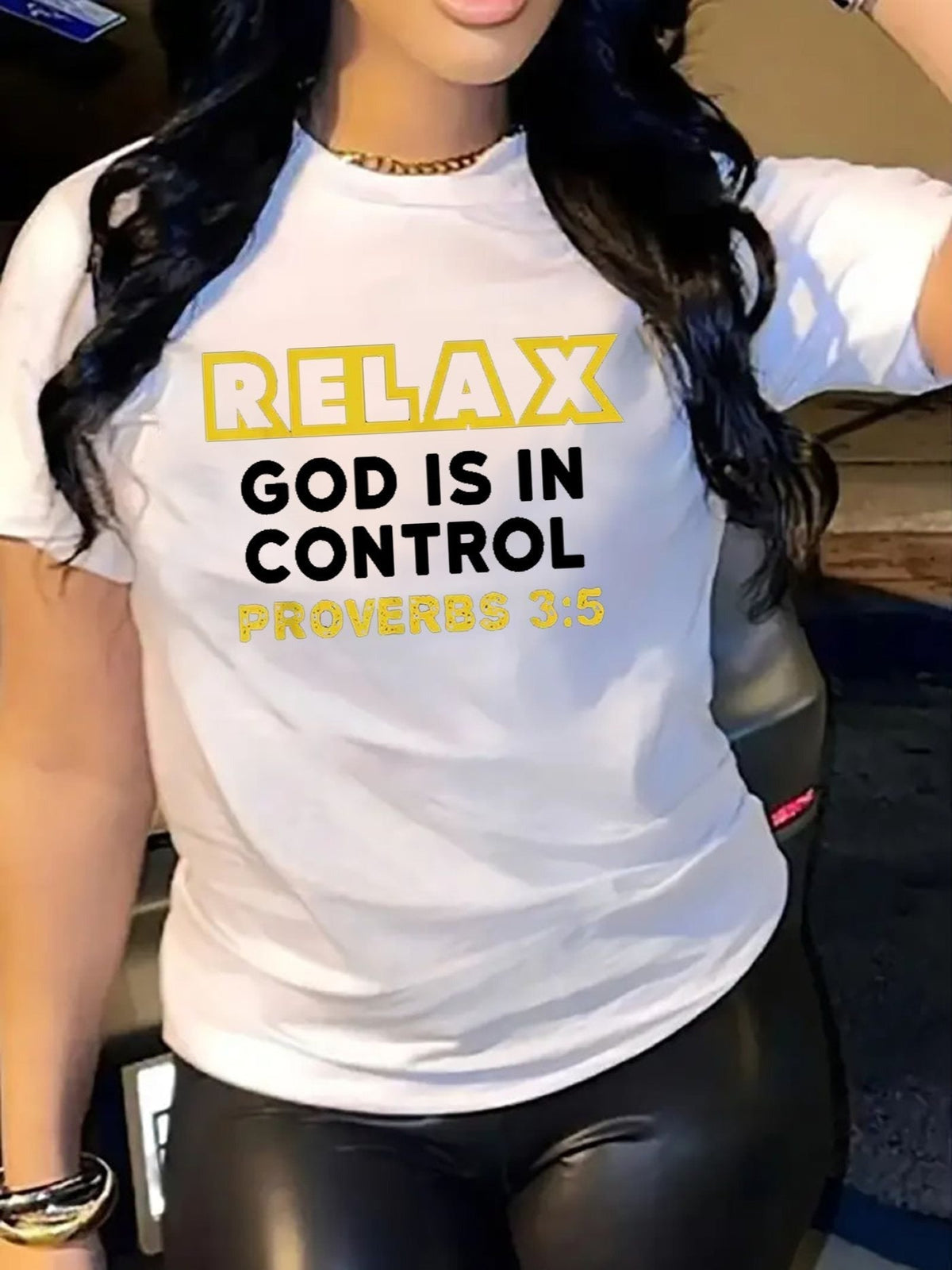 Relax God Is In Control Proverbs 3:5 Women's Graphic T‑Shirt, Christian Faith Inspirational Short‑Sleeve Crew Neck Casual Tee Tops