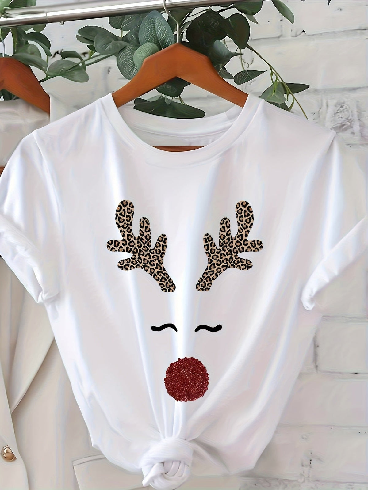 Women's Christmas Reindeer Graphic T-Shirt Cute Leopard Antler Red Nose Holiday Tee Casual Short Sleeve Crewneck Gift Top