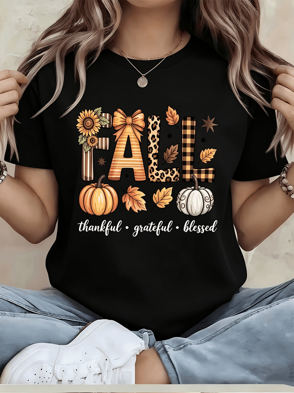 Thankful Grateful Blessed Fall T-Shirt for Women, Pumpkin Leopard Plaid Thanksgiving Graphic Tee