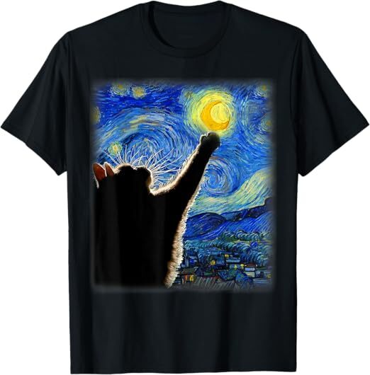 Starry Night Cat Graphic T‑Shirt, Crew Neck Short Sleeve Tee, Van Gogh Inspired Art Cat Reaching for Moon Print, Unisex T shirts