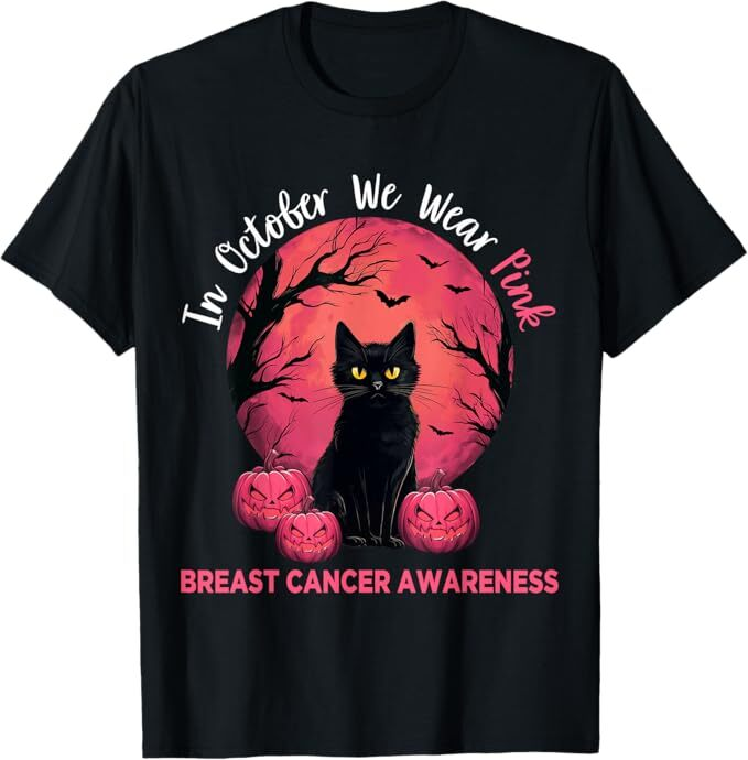 In October We Wear Letter print graphic T-shirt, anti breast cancer Halloween T-shirt for men and women