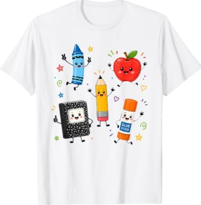Teacher Graphic T‑Shirt, Cute Cartoon School Supplies Crayon Pencil Apple Glue Stick Short‑Sleeve Tee Women Tshirts