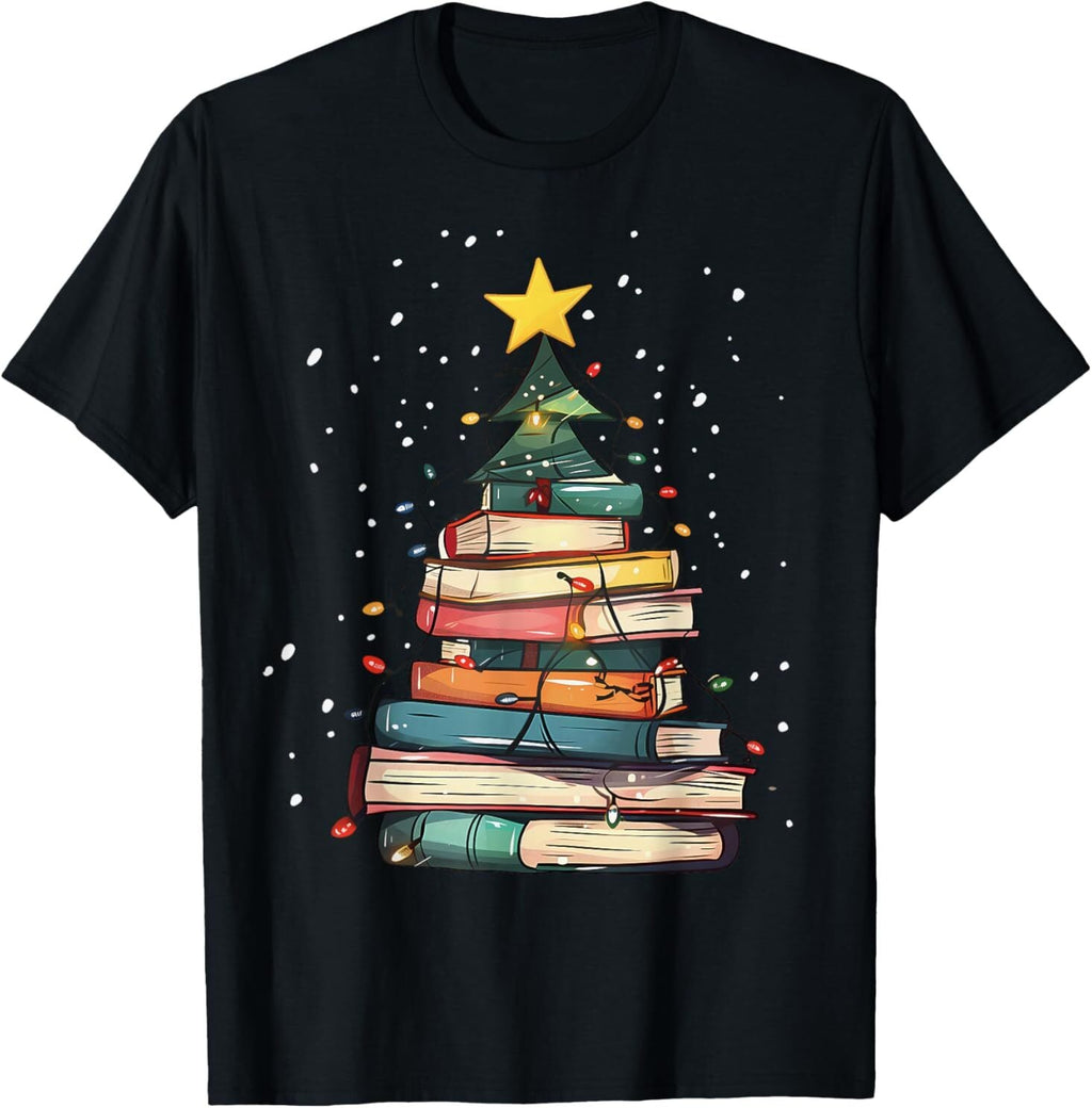 Book Christmas Tree Book Lover Teacher Librarian Tshirts，Christmas Women Teacher Tshirts，Casual Tee