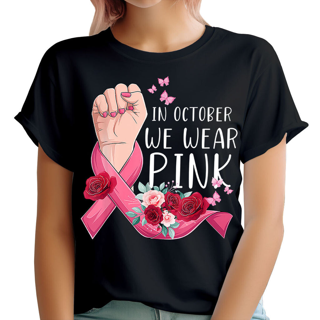 In October We Wear Pink Unisex Graphic T‑Shirt Women Crew Neck Short Sleeve Tee Breast Cancer Awareness Casual Women Clothing