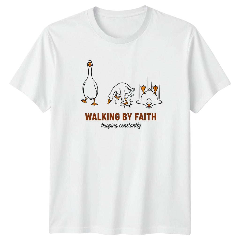 Walking By Faith Tripping Constantly T-Shirt Christian Humor Animal Comedy